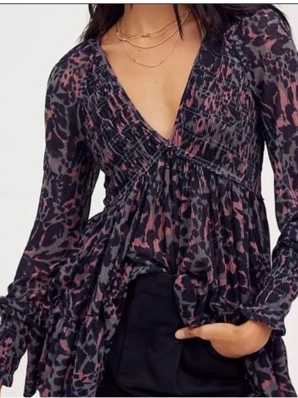Free People Black and Dusty Pink Printed V-Neck Babydoll Blouse